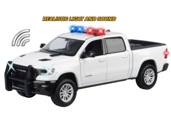 2019 RAM 1500 Laramie Crew Cab Pickup Truck White with Flashing Light Bar and Front and Rear Lights and Sounds 1/27 Diecast Model Car by Motormax #3