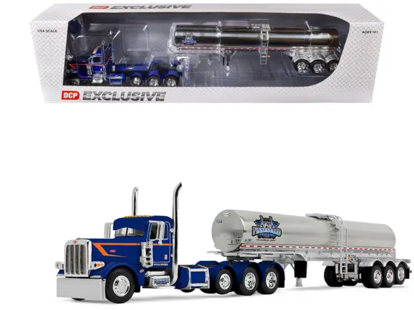 Peterbilt 389 Tri-Axle Day Cab and Walker Food Grade Tank Trailer "Finnesgard Trucking" Blue with Orange Stripes 1/64 Diecast Model by DCP/First Gear #1