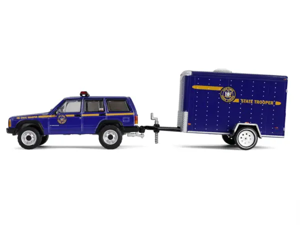 2001 Jeep Cherokee "New York State Police" Blue with Yellow Stripes and Small Cargo Trailer "Hot Pursuit Hitch & Tow" Series 1 1/64 Diecast Model Cars by Greenlight #2