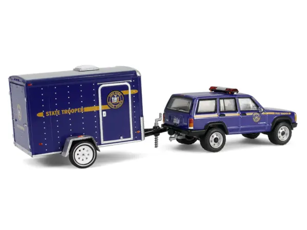 2001 Jeep Cherokee "New York State Police" Blue with Yellow Stripes and Small Cargo Trailer "Hot Pursuit Hitch & Tow" Series 1 1/64 Diecast Model Cars by Greenlight #3