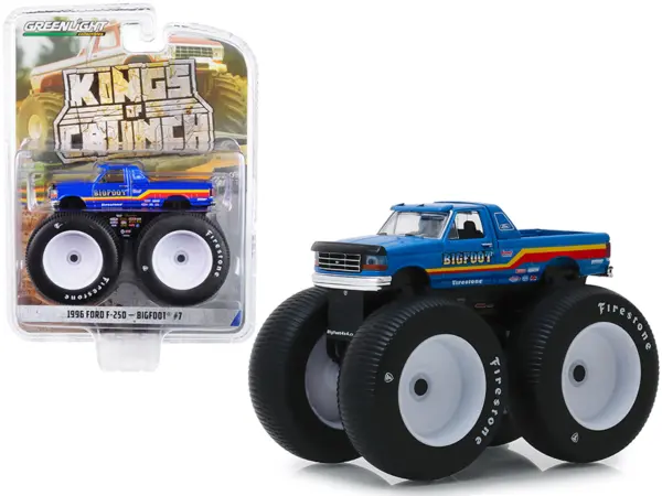 1996 Ford F-250 Monster Truck "Bigfoot #7" Metallic Blue with Stripes "Kings of Crunch" Series 5 1/64 Diecast Model Car by Greenlight #1