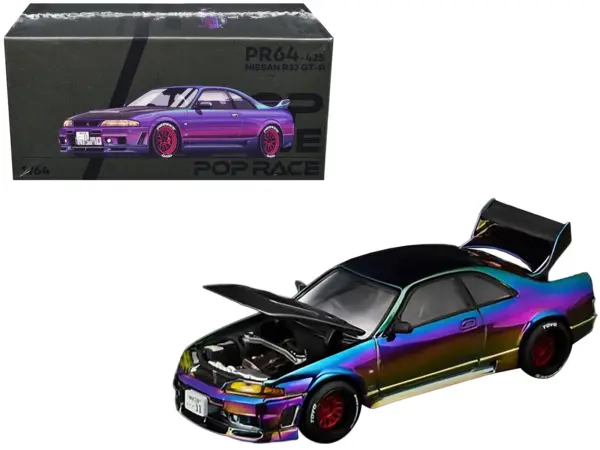 Nissan Skyline GT-R (R33) RHD (Right Hand Drive) Chameleon Chrome with Carbon Hood "Vancouver Edition" 1/64 Diecast Model Car by Pop Race #1