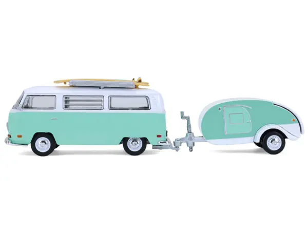1971 Volkswagen Type 2 Van Seafoam Green and White with Surfboards and Teardrop Trailer "Hitch & Tow" Series 33 1/64 Diecast Model Cars by Greenlight #2