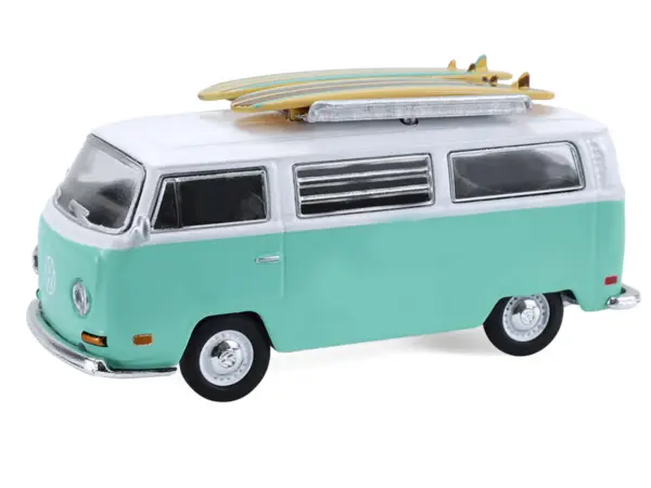 1971 Volkswagen Type 2 Van Seafoam Green and White with Surfboards and Teardrop Trailer "Hitch & Tow" Series 33 1/64 Diecast Model Cars by Greenlight #4