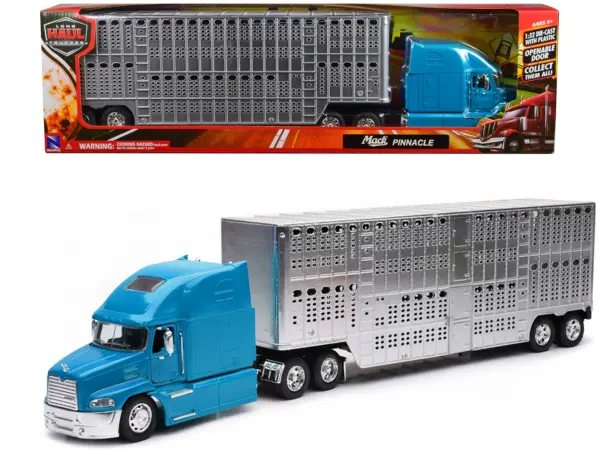 Mack Pinnacle Truck with Pot Belly Livestock Trailer Blue and Chrome "Long Haul Truckers" Series 1/32 Diecast Model by New Ray #1