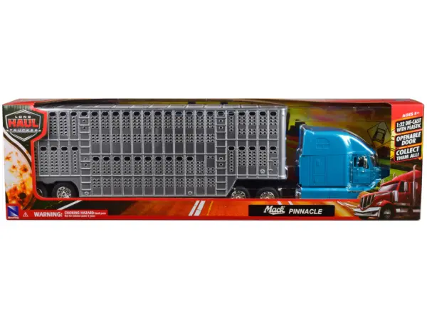 Mack Pinnacle Truck with Pot Belly Livestock Trailer Blue and Chrome "Long Haul Truckers" Series 1/32 Diecast Model by New Ray #3