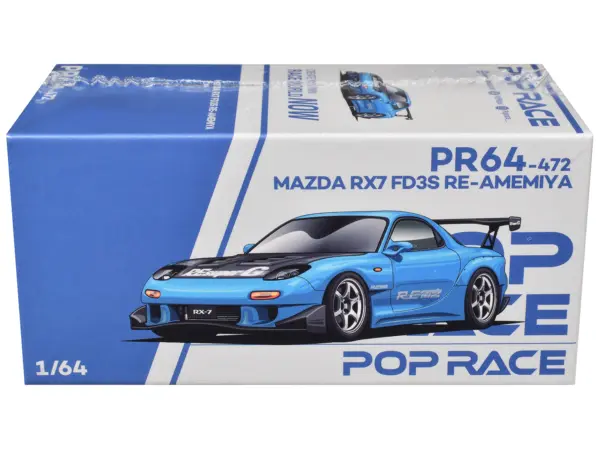 Mazda RX7 (FD3S) RE Amemiya RHD (Right Hand Drive) Light Blue with Carbon Hood "Tokyo Auto Salon 2026" 1/64 Diecast Model Car by Pop Race #3