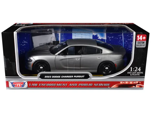 2023 Dodge Charger Pursuit Police Car Silver Metallic "Custom Builder's Kit - Law Enforcement and Public Service" Series 1/24 Diecast Model Car by Motormax #1