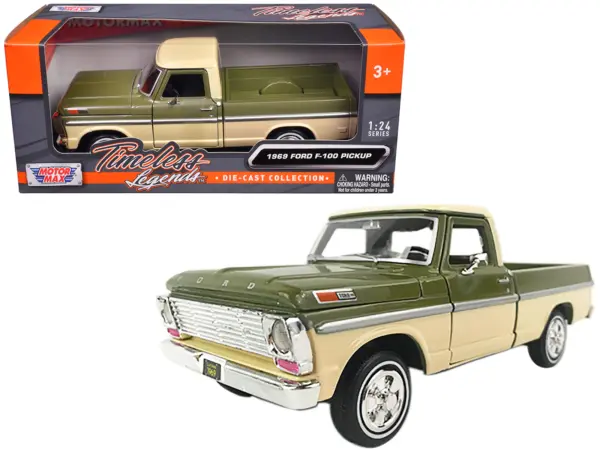 1969 Ford F-100 Pickup Truck Light Green and Cream 1/24 Diecast Model Car by Motormax #1