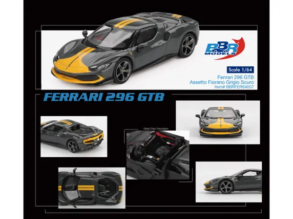 Ferrari 296 GTB Assetto Fiorano Grigio Scuro (Dark Gray) with Yellow Stripes 1/64 Diecast Model Car by BBR #4