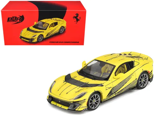 Ferrari 812 Competizione Matt Yellow with Graphics and Yellow Interior "Tailor Made" 1/64 Diecast Model Car by BBR #1