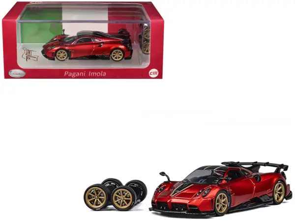 Pagani Imola Red Metallic with Carbon Top and Stripes with Extra Wheels 1/64 Diecast Model Car by CM Model #1