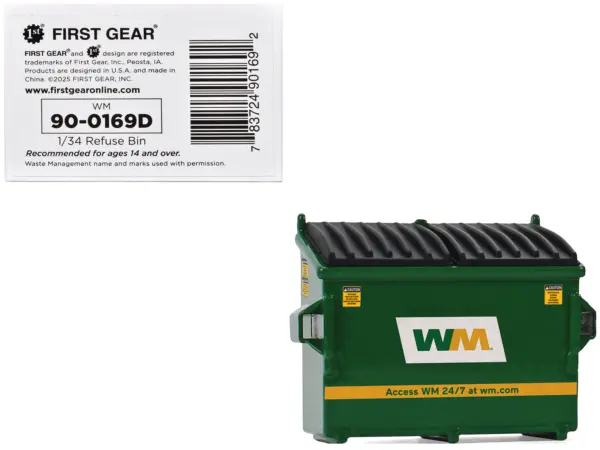 Refuse Trash Bin "Waste Management" Green Version D 1/34 Diecast Model by First Gear #1