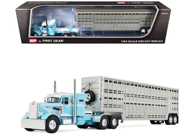 Peterbilt 351 with 36" Vintage Sleeper and 45' Wilson Vintage Livestock Trailer Light Blue with White Stripes 1/64 Diecast Model by DCP/First Gear #1