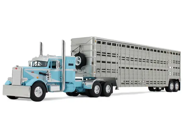 Peterbilt 351 with 36" Vintage Sleeper and 45' Wilson Vintage Livestock Trailer Light Blue with White Stripes 1/64 Diecast Model by DCP/First Gear #2