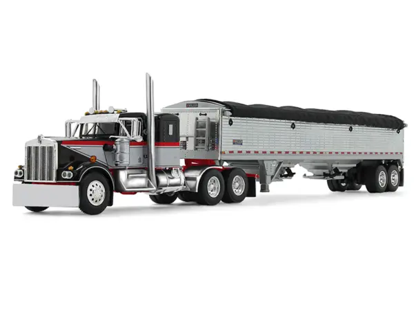 Kenworth W900A with 36" Sleeper and 43' Wilson Pacesetter Grain Trailer Black and Gray with Viper Red Stripes 1/64 Diecast Model by DCP/First Gear #2