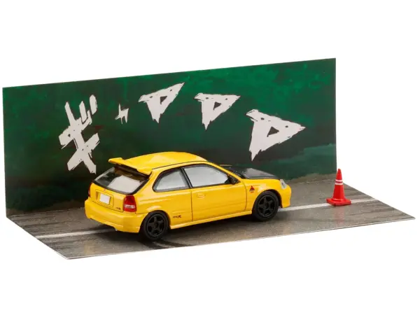 Honda Civic (EK9) RHD (Right Hand Drive) Yellow with Carbon Hood "Initial D" (1995-2013) Manga "Diorama Set Series" 1/64 Diecast Model car by Hobby Japan #4