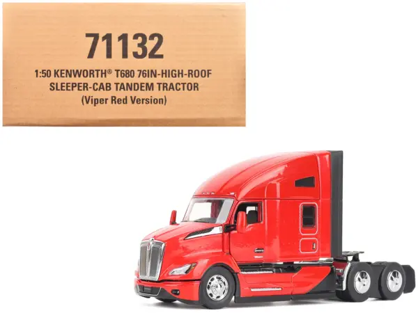 Kenworth T680 76" High Roof Sleeper Cab Truck Tractor Viper Red "Transport Series" 1/50 Diecast Model by Diecast Masters #1