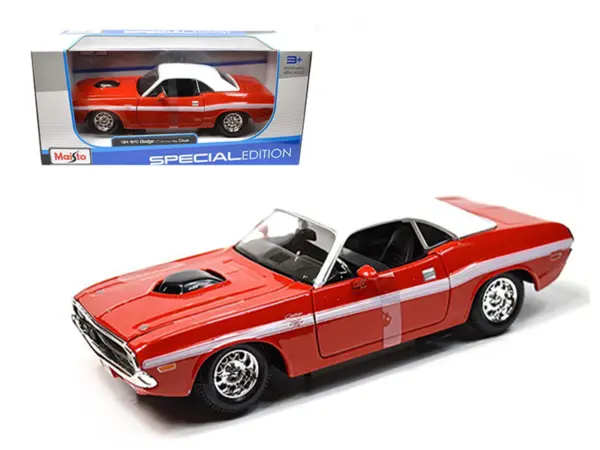 1970 Dodge Challenger R/T Coupe Red with White Top and White Stripes 1/24 Diecast Model Car by Maisto #1