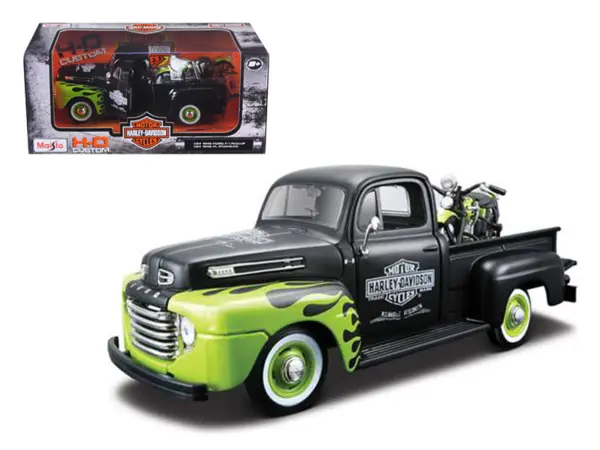 1948 Ford F-1 Pickup Truck "Harley Davidson" with 1948 Harley Davidson FL Panhead Motorcycle Black and Green 1/24 Diecast Models by Maisto #1