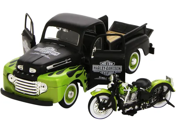 1948 Ford F-1 Pickup Truck "Harley Davidson" with 1948 Harley Davidson FL Panhead Motorcycle Black and Green 1/24 Diecast Models by Maisto #2