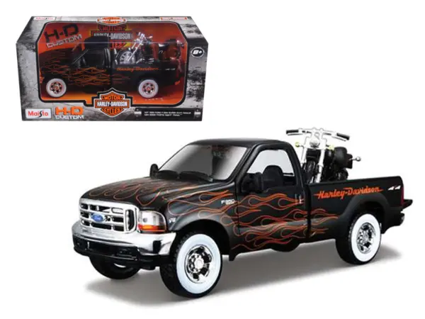 1999 Ford F-350 Super Duty Pickup Black with Flames 1/27 & 2002 Harley Davidson FLSTB Motorcycle Night Train 1/24 Diecast Models by Maisto #1