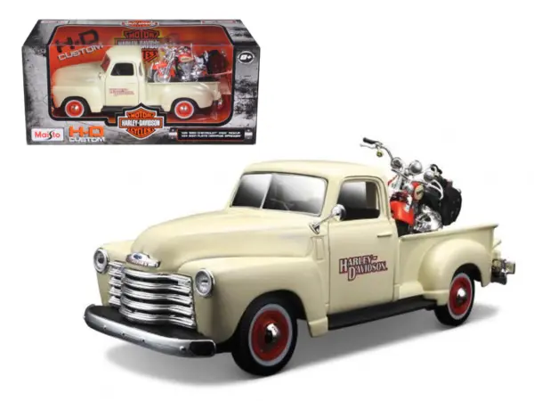1950 Chevrolet 3100 Pickup Truck Cream 1/25 and 2001 FLSTS Heritage Springer Motorcycle Orange 1/24 "Harley-Davidson Custom" Series Diecast Models by Maisto #1
