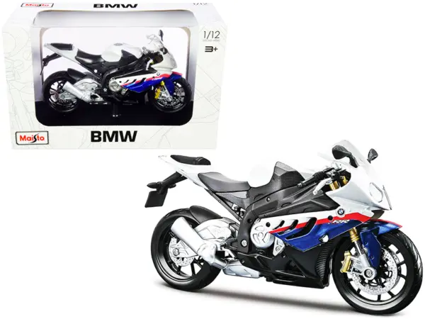 BMW S 1000 RR White with Blue and Red Stripes with Plastic Display Stand 1/12 Diecast Motorcycle Model by Maisto #1