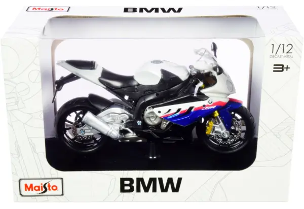 BMW S 1000 RR White with Blue and Red Stripes with Plastic Display Stand 1/12 Diecast Motorcycle Model by Maisto #3