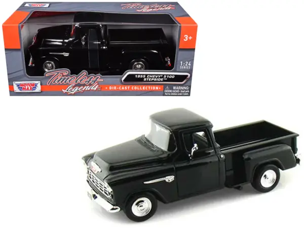 1955 Chevrolet 5100 Stepside Pickup Truck Black 1/24 Diecast Car Model by Motormax #1