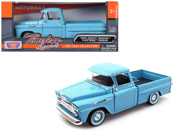 1958 Chevrolet Apache Fleetside Pickup Truck Light Blue 1/24 Diecast Model Car by Motormax #1