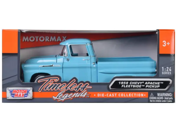 1958 Chevrolet Apache Fleetside Pickup Truck Light Blue 1/24 Diecast Model Car by Motormax #3