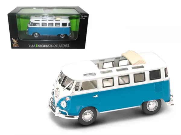 1962 Volkswagen Microbus Van Bus Blue With Open Roof 1/43 Diecast Car by Road Signature #1