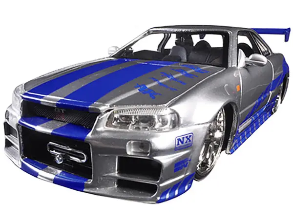 Brian's Nissan GTR Skyline R34 RHD (Right Hand Drive) Silver with Blue Stripes "Fast & Furious" Movie 1/24 Diecast Model Car by Jada #2