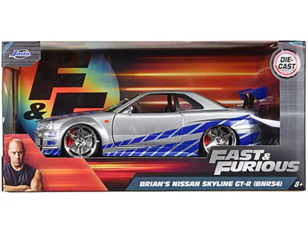 Brian's Nissan GTR Skyline R34 RHD (Right Hand Drive) Silver with Blue Stripes "Fast & Furious" Movie 1/24 Diecast Model Car by Jada #3