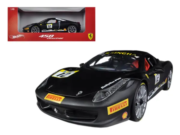 Ferrari 458 Challenge Matt Black #12 1/18 Diecast Car Model by Hot Wheels #1