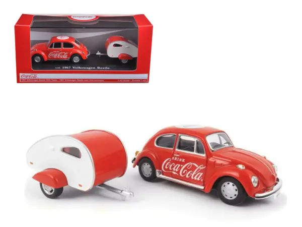 1967 Volkswagen Beetle Red with Teardrop Travel Trailer Red and White "Coca-Cola" 1/43 Diecast Model Car by Motorcity Classics #1