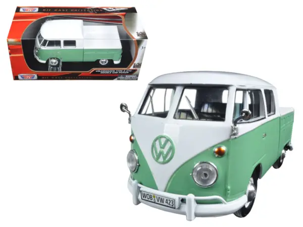 Volkswagen Type 2 (T1) Double Cab Pickup Truck White and Green 1/24 Diecast Model Car by Motormax #1