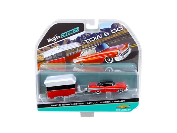 1957 Chevrolet Bel Air with Alameda Trailer Red Tow & Go 1/64 Diecast Model by Maisto #1