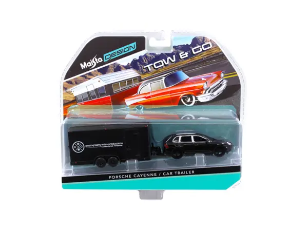 Porsche Cayenne Black and Car Trailer Tow & Go 1/64 Diecast Model by Maisto #1