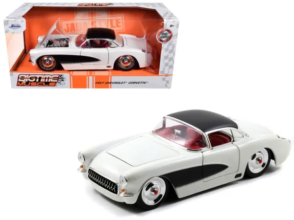 1957 Chevrolet Corvette Satin Cream Metallic with Matt Black Top and Side 1/24 Diecast Model Car by Jada #1