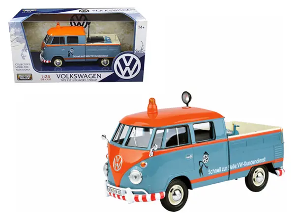 Volkswagen Type 2 (T1) Delivery Service Pickup Truck Blue and Orange "VW-Kundendienst" 1/24 Diecast Model Car by Motormax #1