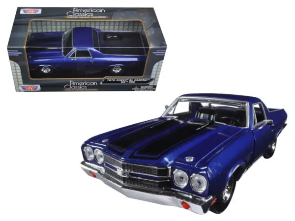 1970 Chevrolet El Camino SS 396 Dark Blue Metallic with Black Stripes 1/24 Diecast Model Car by Motormax #1
