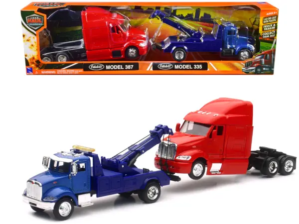Peterbilt Model 335 Tow Truck Blue and Peterbilt Model 387 Cab Red Set of 2 Pieces 1/43 by New Ray #1