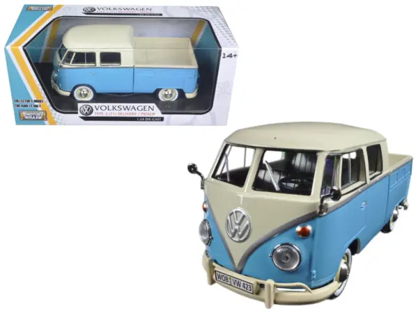 Volkswagen Type 2 (T1) Double Cab Pickup Truck Light Blue and Cream 1/24 Diecast Model Car by Motormax #1