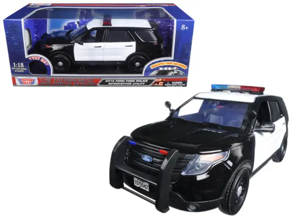 2015 Ford Police Interceptor Utility Black and White with Flashing Light Bar and Front and Rear Lights and 2 Sounds 1/18 Diecast Model Car by Motormax #1