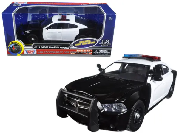 2011 Dodge Charger Pursuit Police Car Black and White with Flashing Light Bar and Front and Rear Lights and 2 Sounds 1/24 Diecast Model Car by Motormax #1