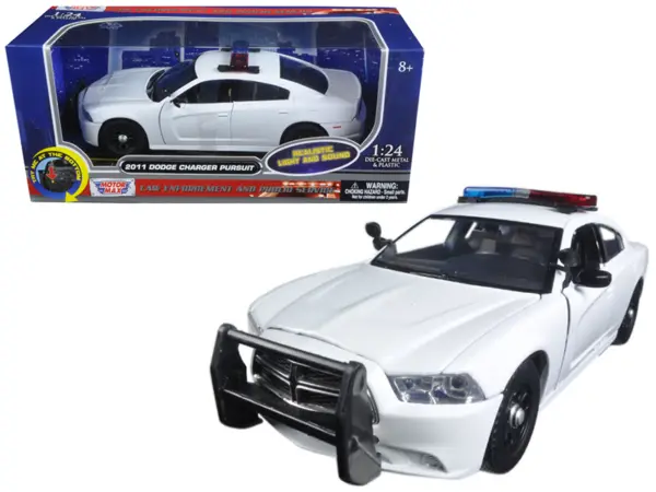 2011 Dodge Charger Pursuit Police Car White with Flashing Light Bar, Front and Rear Lights and 2 Sounds 1/24 Diecast Model Car  by Motormax #1