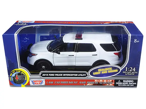 2015 Ford Police Interceptor Utility White with Flashing Light Bar and Front and Rear Lights and 2 Sounds 1/24 Diecast Model Car by Motormax #3