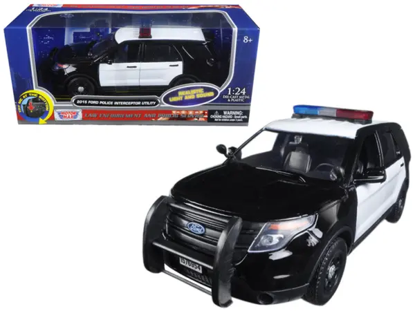 2015 Ford Police Interceptor Utility Black and White with Flashing Light Bar and Front and Rear Lights and 2 Sounds 1/24 Diecast Model Car by Motormax #1